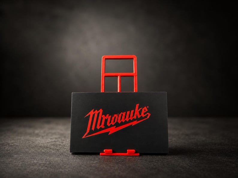 3D Printed Mini Hand Truck Dolly Phone Stand May include: A rectangular black sign featuring the red text Mrwauke in a stylised font with a lightning bolt underline. The sign is held upright by a bright red plastic stand with a rectangular frame and two small support clips at the base.