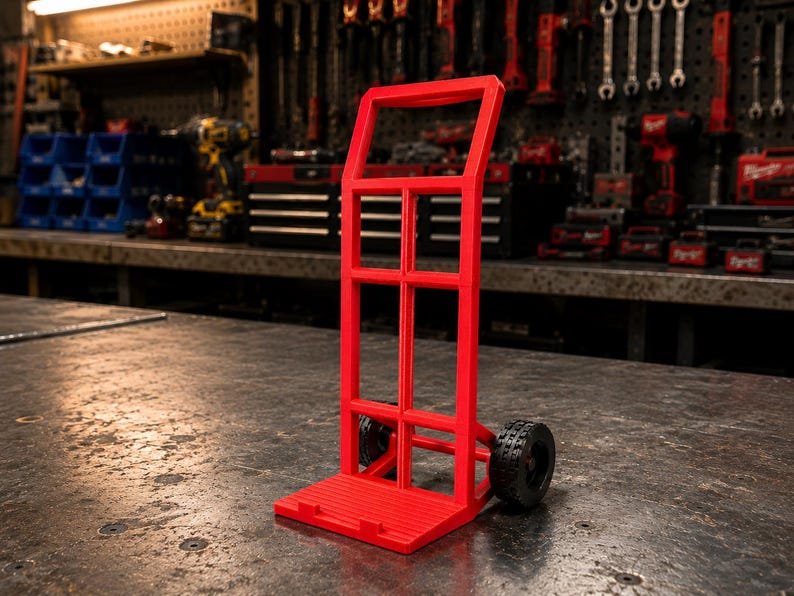 3D Printed Mini Hand Truck Dolly Phone Stand May include: A bright red miniature hand truck featuring a tall, rectangular frame with a grid-like structure and a flat base plate. The device is equipped with two small, black, textured wheels positioned at the rear, designed for mobility.