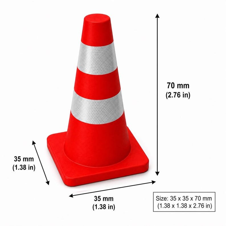 Mini Traffic Cones — 2.76-inch May include: A bright red traffic cone featuring two horizontal silver reflective bands. The cone has a square base and measures 35 x 35 x 70 mm (1.38 x 1.38 x 2.76 in) as indicated by the dimension labels and text printed on the image.