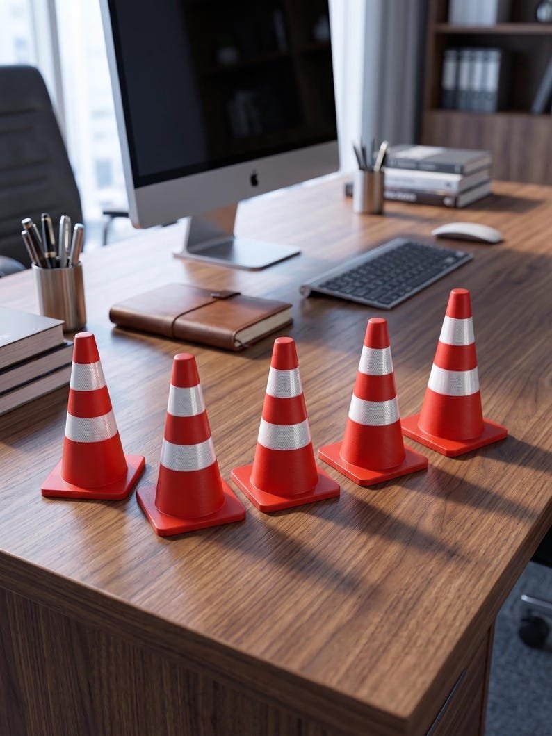 Mini Traffic Cones — 2.76-inch May include: Five miniature traffic cones arranged in a row on a wooden desk. Each cone is bright orange with two horizontal white reflective stripes and a square base. The cones are positioned in front of a computer monitor, keyboard, and notebook.