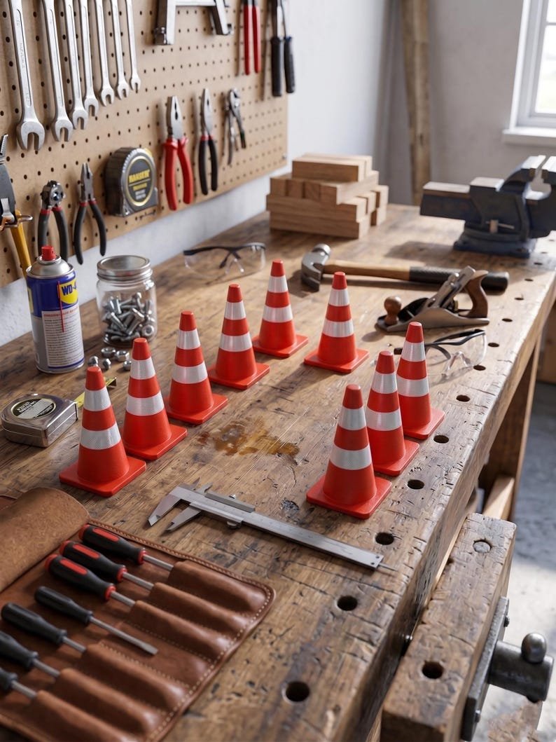 Mini Traffic Cones — 2.76-inch May include: A collection of nine miniature orange traffic cones with white horizontal stripes arranged on a wooden workbench. Each cone features a square base and a pointed top, standing among various hand tools and hardware supplies.