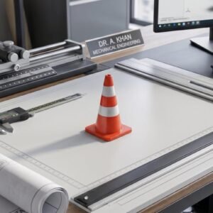 May include: A miniature orange and white traffic cone sits on a drafting table. The cone features a square base and a reflective white band. Nearby, a digital calliper, a rolled blueprint, and a nameplate reading DR. A. KHAN MECHANICAL ENGINEERING.