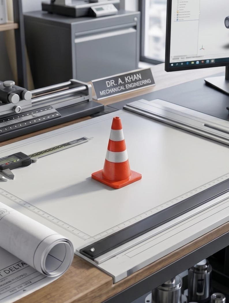Mini Traffic Cones — 2.76-inch May include: A miniature orange and white traffic cone sits on a drafting table. The cone features a square base and a reflective white band. Nearby, a digital calliper, a rolled blueprint, and a nameplate reading DR. A. KHAN MECHANICAL ENGINEERING.