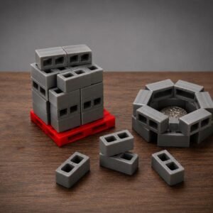May include: A collection of miniature grey cinder blocks, with some stacked on a small red plastic pallet, others arranged in a circular formation, and several loose blocks scattered on the surface, all featuring two hollow rectangular openings.