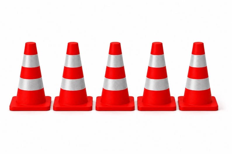 Mini Traffic Cones — 2.76-inch May include: Five bright orange traffic cones arranged in a straight horizontal line. Each cone features two horizontal reflective silver stripes encircling the body, set against a solid white background, creating a uniform and repetitive visual pattern.
