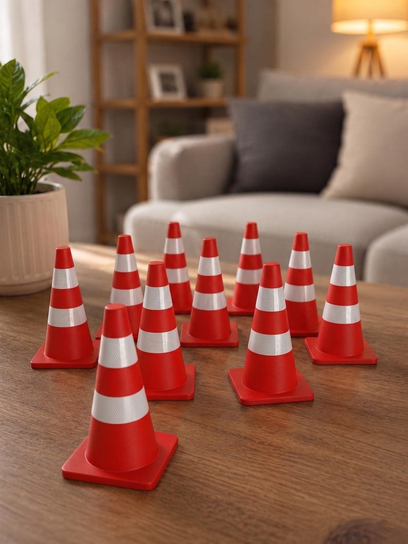 Mini Traffic Cones — 2.76-inch May include: A collection of ten miniature traffic cones arranged in a group. Each cone is bright orange with two horizontal white reflective stripes and a square base, designed as a small-scale replica of standard road safety equipment.