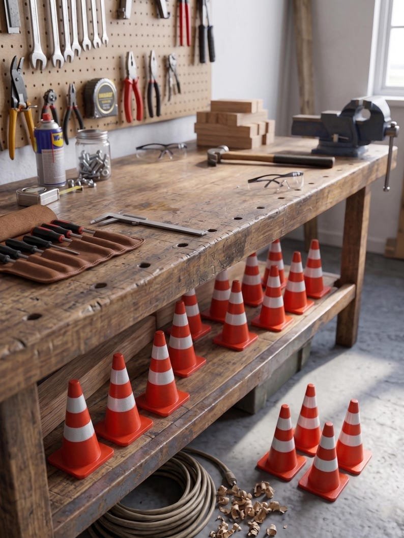 Mini Traffic Cones — 2.76-inch May include: A heavy-duty wooden workbench featuring a pegboard wall with various hand tools, a metal vice, and a leather tool roll. Numerous small orange and white traffic cones are arranged on the lower shelf and the floor of the workshop.