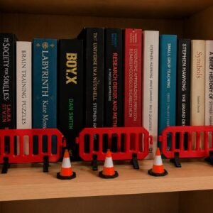 May include: A row of books on a shelf featuring three red plastic construction barriers and five miniature orange and white traffic cones placed in front of the book spines. The books include titles like Moonflower Murders, Labyrinth, and Boy X.