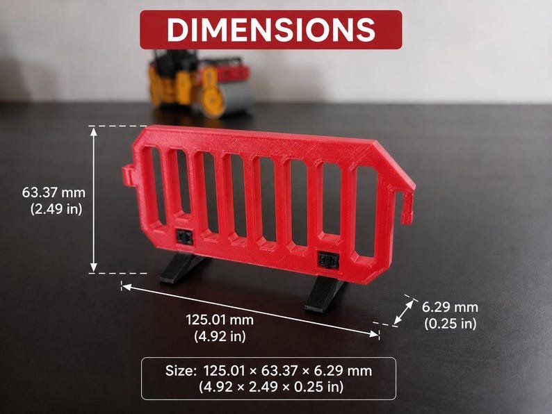 Miniature UK Traffic Cones & Roadwork Barriers Set May include: A red plastic crowd control barrier with black feet, featuring a rectangular frame with vertical slats. The barrier measures 125.01 mm in width, 63.37 mm in height, and 6.29 mm in depth, as indicated by the text DIMENSIONS.