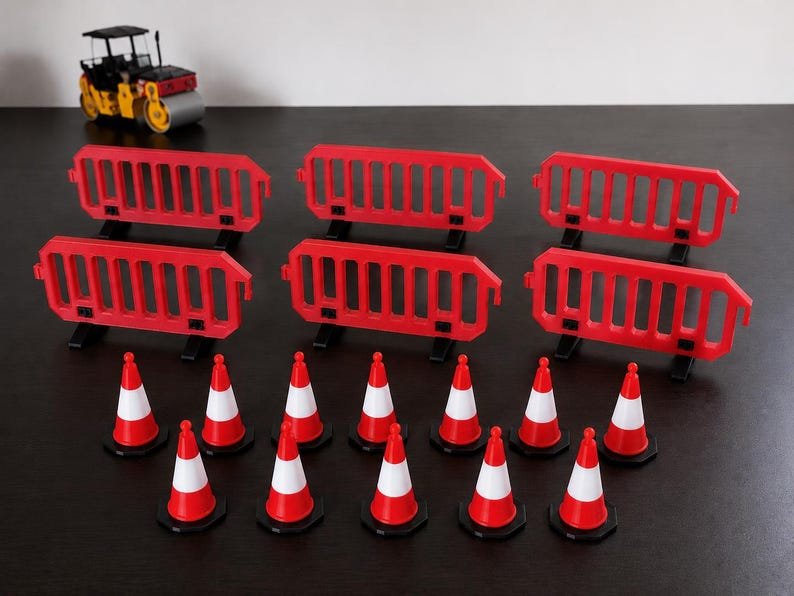 Miniature UK Traffic Cones & Roadwork Barriers Set Miniature UK Traffic Cones & Roadwork Barriers Set| 16:1 Scale Construction Miniatures | Desk Decor and Display Accessories 12 Cone - 3 Barriers