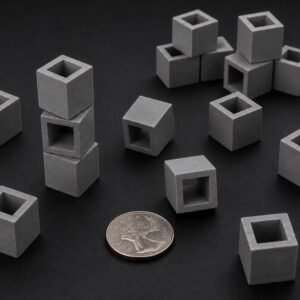May include: A collection of small, hollow, grey concrete cubes arranged in various positions, including a vertical stack of three. A Canadian 25-cent coin is placed among the cubes to provide a sense of scale for these miniature square objects.