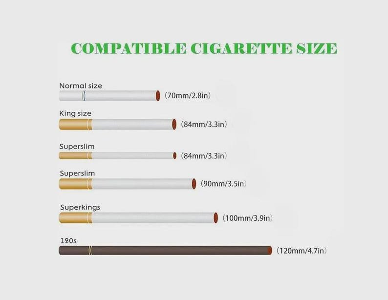 Pink Cigarette Case with Lighter Holder — King Size, 15 Cigarettes May include: A chart titled COMPATIBLE CIGARETTE SIZE displays six cigarette types with lengths: Normal size 70mm/2.8in, King size 84mm/3.3in, Superslim 84mm/3.3in, Superslim 90mm/3.5in, Superkings 100mm/3.9in, and 120s 120mm/4.7in.