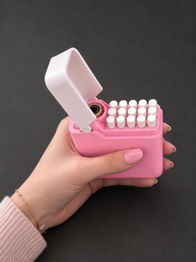 Pink Cigarette Case with Lighter Holder — King Size, 15 Cigarettes May include: A pink rectangular cigarette case with a white hinged lid that is open. The case contains a grid of white cigarette filters arranged in rows. The exterior of the case is a solid matte pink colour, and the interior mechanism is white.