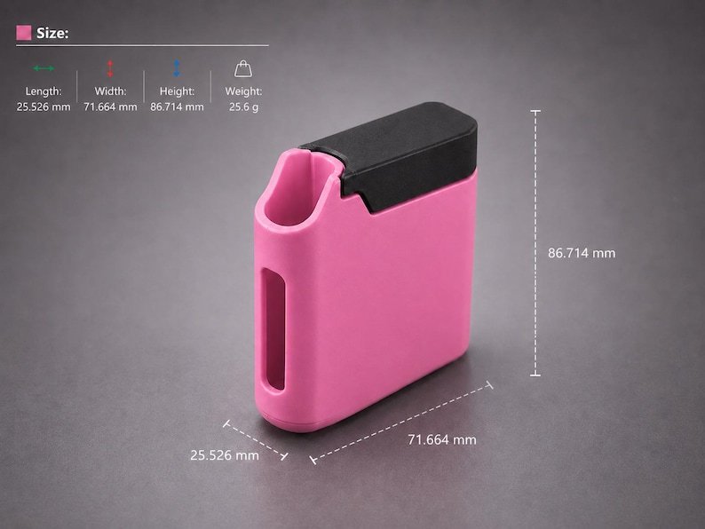Pink Cigarette Case with Built-In Lighter Holder May include: A bright pink rectangular case with a black top lid and a vertical cutout on the side. Technical specifications indicate a length of 25.526 mm, a width of 71.664 mm, a height of 86.714 mm, and a total weight of 25.6 grams.