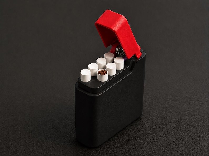 Packout Inspired Cigarette Case (King size / cigarette 8) May include: A black rectangular case with a hinged red lid in the open position. The interior holds seven white cylindrical capsules arranged in a grid, with one capsule showing a brown granular substance inside the top opening.