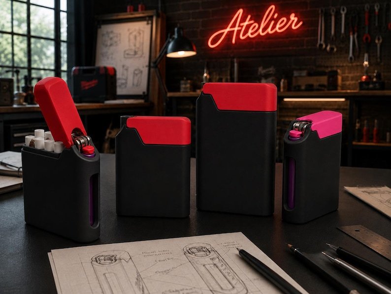 Packout Inspired Cigarette Case (King size / cigarette 8) May include: A set of four rectangular storage cases in matte black with vibrant red lids. One case is open, revealing internal compartments holding small cylindrical items. The cases feature a sleek, modern design with a purple accent visible on the side.