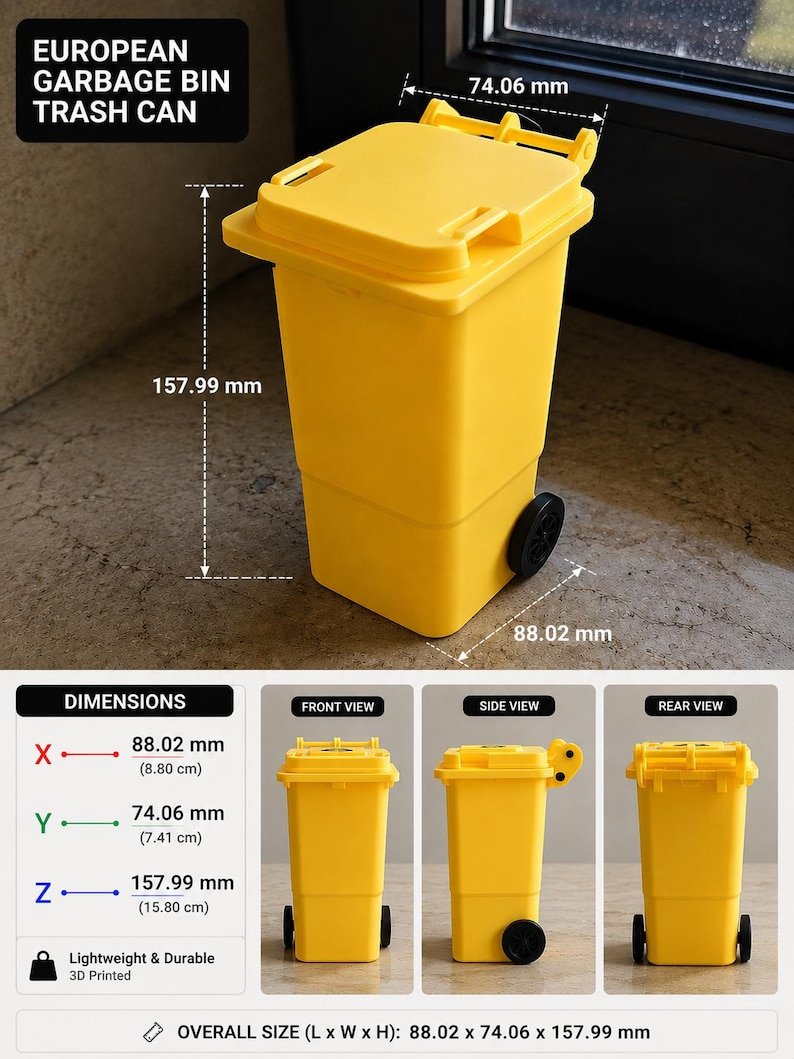 Mini Wheelie Bin Trash Can Pencil Holder May include: A bright yellow miniature garbage bin trash can with a hinged lid and two black wheels. The object features dimensions of 88.02 mm by 74.06 mm by 157.99 mm. The text European Garbage Bin Trash Can is visible on the product display graphic.