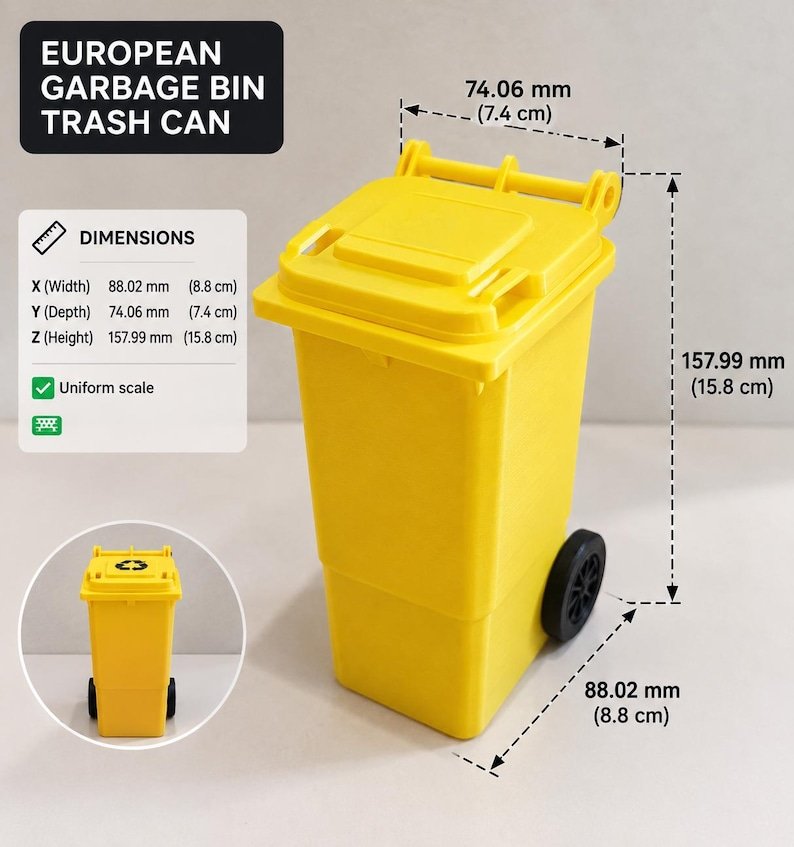 Mini Wheelie Bin Trash Can Pencil Holder May include: A bright yellow European garbage bin trash can with a hinged lid and two black wheels. The dimensions are 8.8 cm in width, 7.4 cm in depth, and 15.8 cm in height. The text reads European Garbage Bin Trash Can and Dimensions.