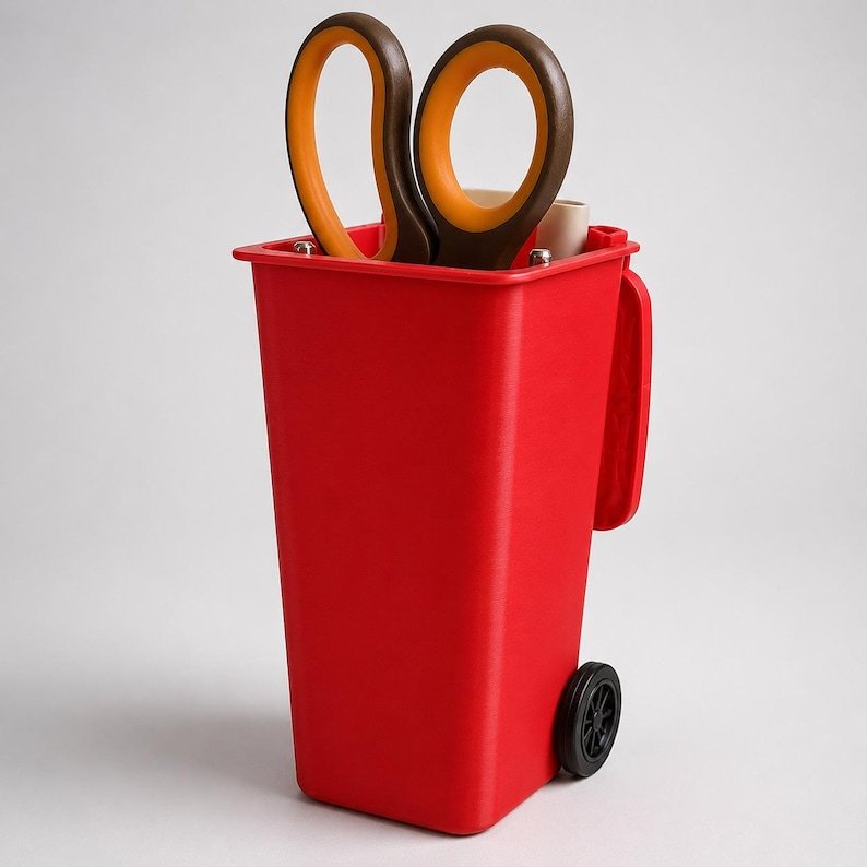 Mini Wheelie Bin Trash Can Pencil Holder May include: A bright red desk organiser shaped like a miniature rolling bin with a hinged lid and two small black wheels at the base. The container holds a pair of scissors with brown and orange handles and a small beige cylindrical object.