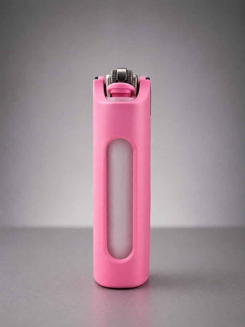 Pink Cigarette Case with Built-In Lighter Holder May include: A pink lighter featuring a smooth, matte-finish silicone sleeve that encases the body. The design includes a vertical, oval-shaped cutout in the centre, revealing the white inner casing of the lighter. The top metal ignition mechanism is visible.
