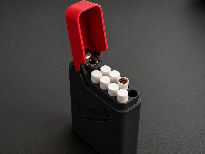 Packout Inspired Cigarette Case (King size / cigarette 8) May include: A black rectangular case with a red flip-top lid featuring an integrated lighter mechanism. The case holds seven white cylindrical items, one of which shows a brown tobacco-like interior. The word Mrwauke is embossed on the front.