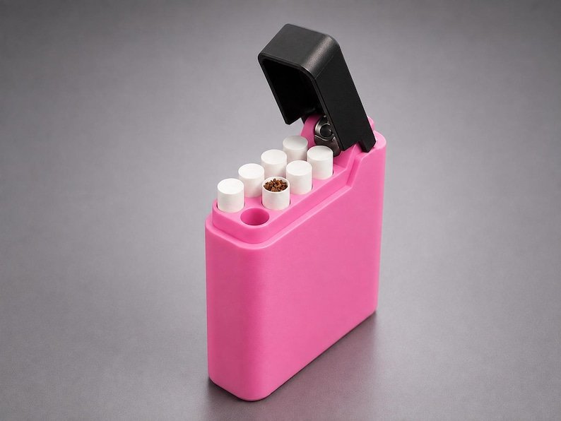 Pink Cigarette Case with Built-In Lighter Holder May include: A bright pink rectangular case with a hinged black lid. The case features seven cylindrical white inserts arranged in a grid, with one insert showing a brown granular substance. An empty circular slot is visible in the front corner.