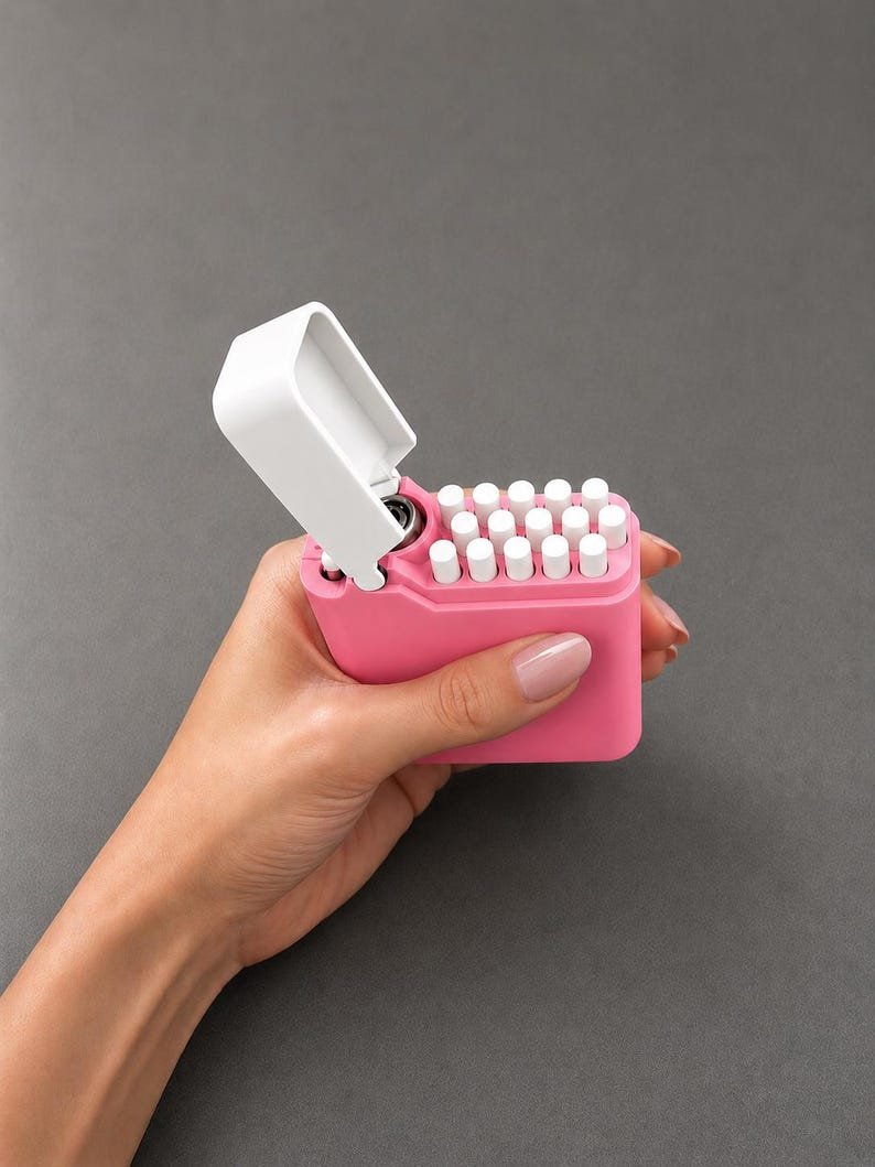 Pink Cigarette Case with Lighter Holder — King Size, 15 Cigarettes May include: A bright pink rectangular case with a hinged white lid, containing multiple small white cylindrical sticks arranged in rows. The case features a built-in lighter mechanism visible when the white lid is flipped open to the side.