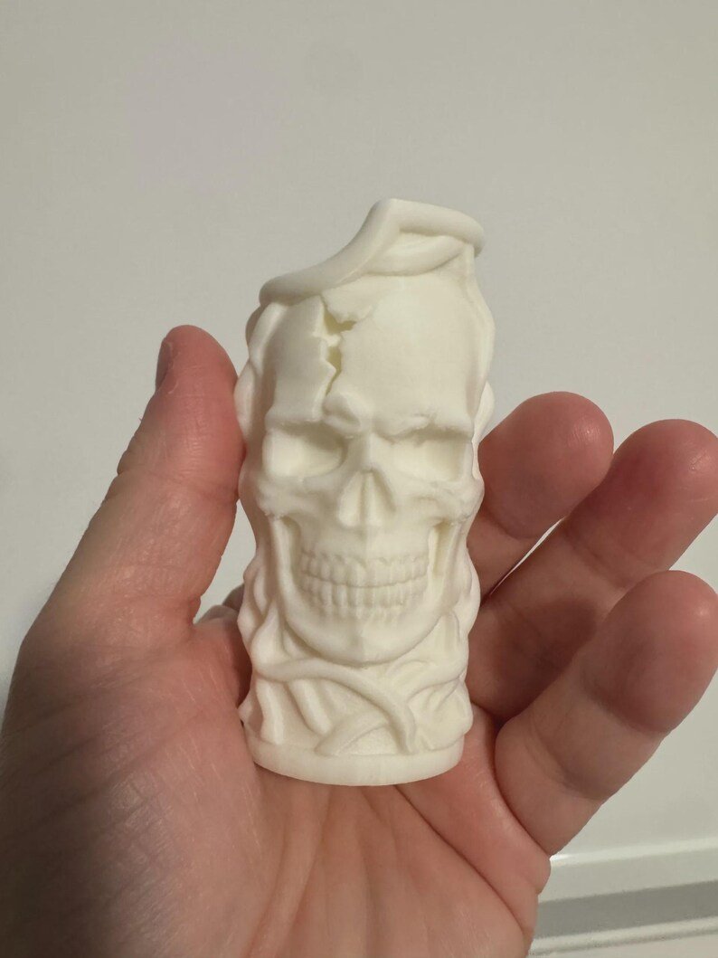 Skull & Roots Lighter Sleeve May include: A matte white 3D printed object shaped like a human skull with a cracked forehead and intricate vine-like or root-like textures wrapping around the entire surface. The skull features a detailed jawline, teeth, and eye sockets.
