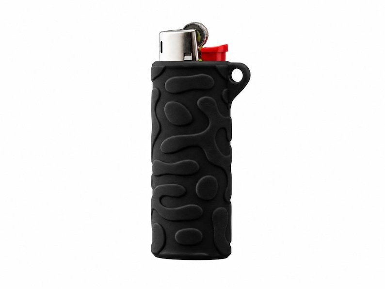 BIC Lighter Keychain Sleeve May include: A black lighter encased in a silicone sleeve featuring a raised, organic, amoeba-like pattern. The top of the lighter is metallic silver with a red ignition button and a small circular loop extending from the side of the sleeve.
