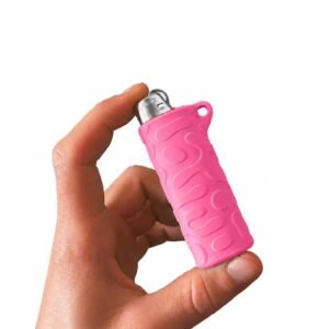 May include: A bright pink lighter case featuring a raised, wavy, organic pattern across its surface. The case is constructed from a flexible material and includes a small circular loop at the top, designed to fit around a standard rectangular lighter.